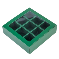 Коробка для 9 конфет с разделителями Зелёная с окном	
