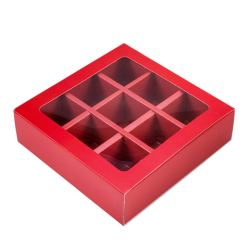 Коробка для 9 конфет с разделителями Красная с окном