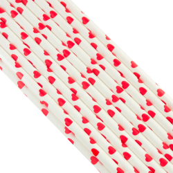 Трубочки бумажные Белая с красными сердечками 200*6 мм, 20 шт
