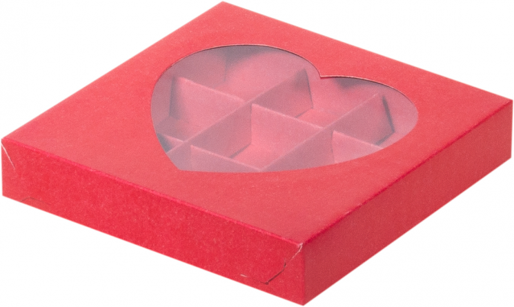 Коробка для 9 конфет с окошком сердце 160*160*30 мм. Цвет: красный