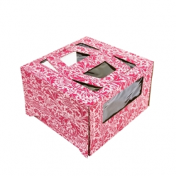 Короба для торта «Микрогофрокартон», 240*240*200 с окном и ручками  (Розовый орнамент)