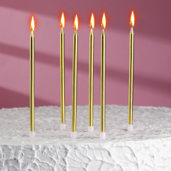 Свечи в торт "Радость", 6 шт, высокие, 13 см, золотой металлик