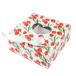 Коробка для 9 конфет с разделителями "Красные тюльпаны" с лентой, 11*11*5 см