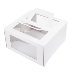 Коробка для тортов,  с окном, с ручками белые. Размер: 210*210*120